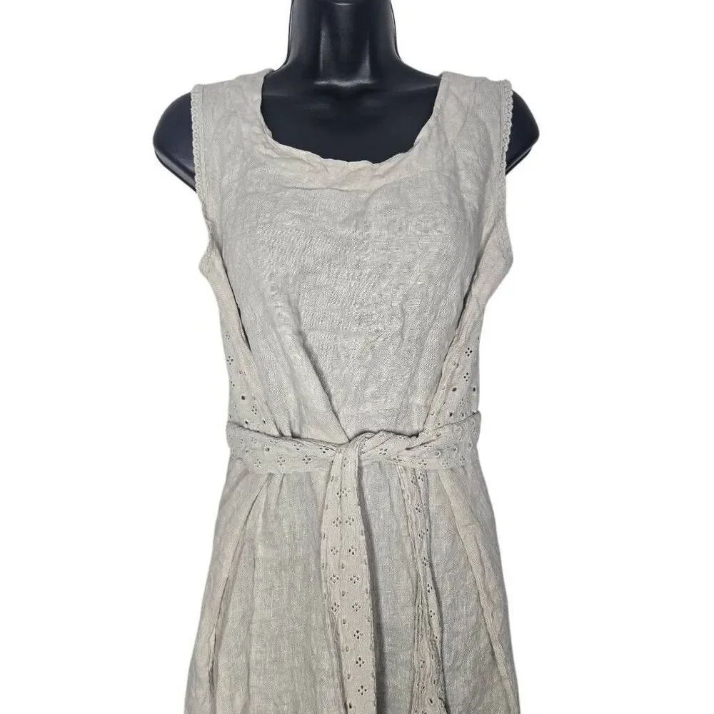 Marina Gigli Linen Dress Size Medium Sleeveless Eyelet Tie Waist
